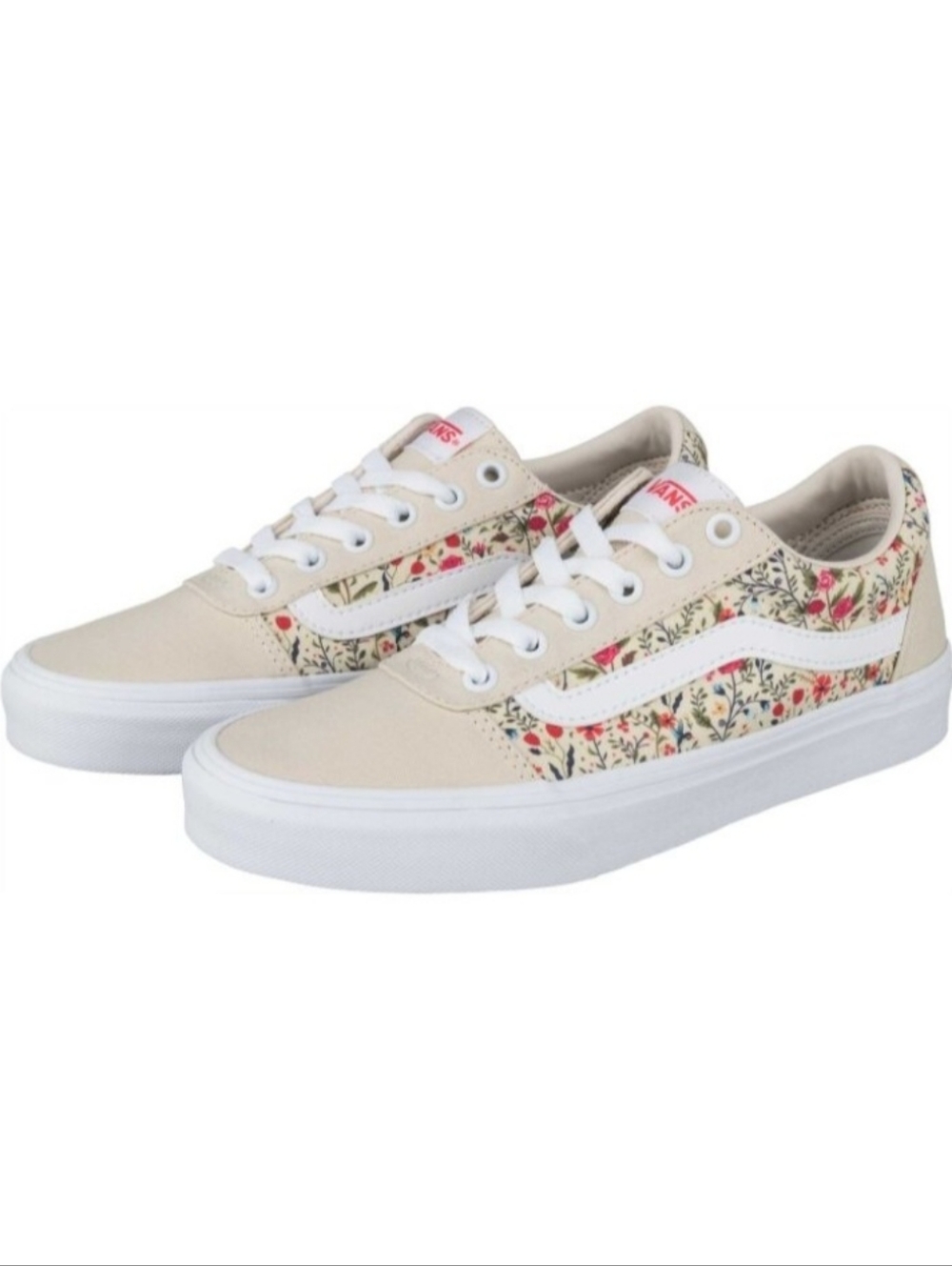Vans Cream Colorful Floral Low-Top Sneakers with White Stripe | Women's Size 8.5